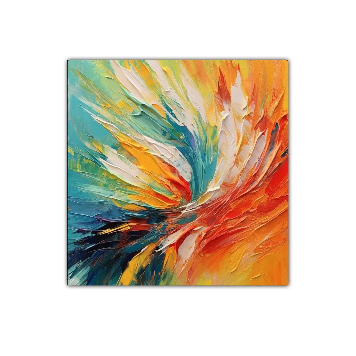 Cuadro abstracto con explosión vibrante de colores cálidos y fríos