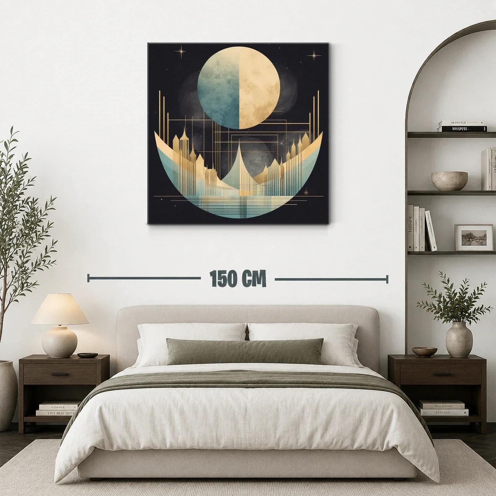 Cuadro abstracto con luna y ciudad futurista en tonos dorados — miniatura 3