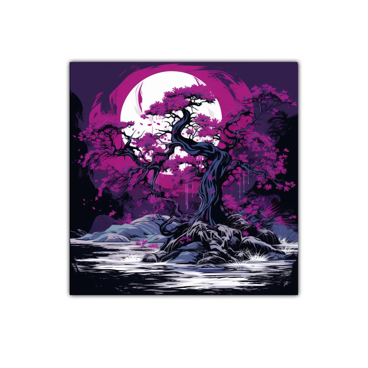 Árbol místico en tonos morados bajo luna llena