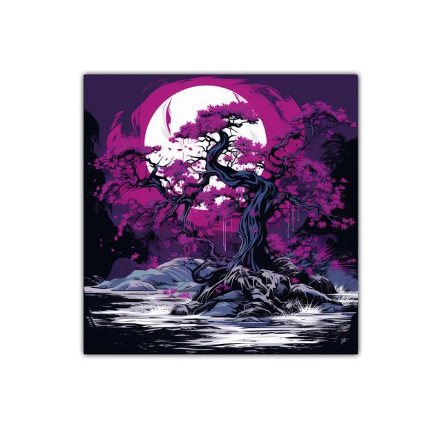 Árbol místico en tonos morados bajo luna llena