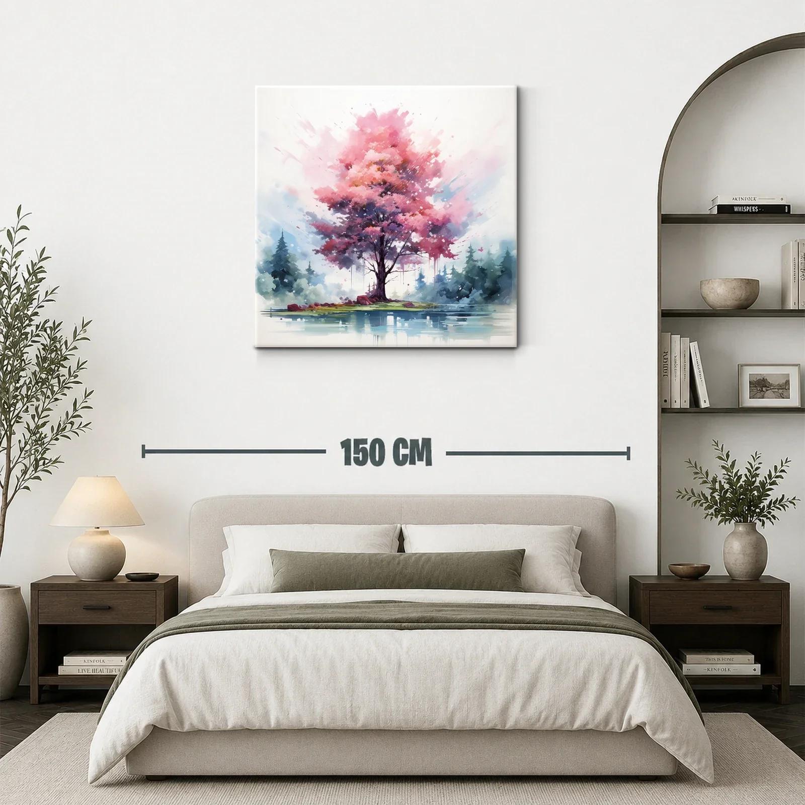 Árbol rosa vibrante junto a lago en paisaje sereno — miniatura 3