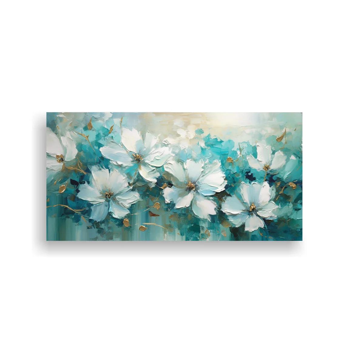 Cuadro flores blancas con toques turquesa y dorados