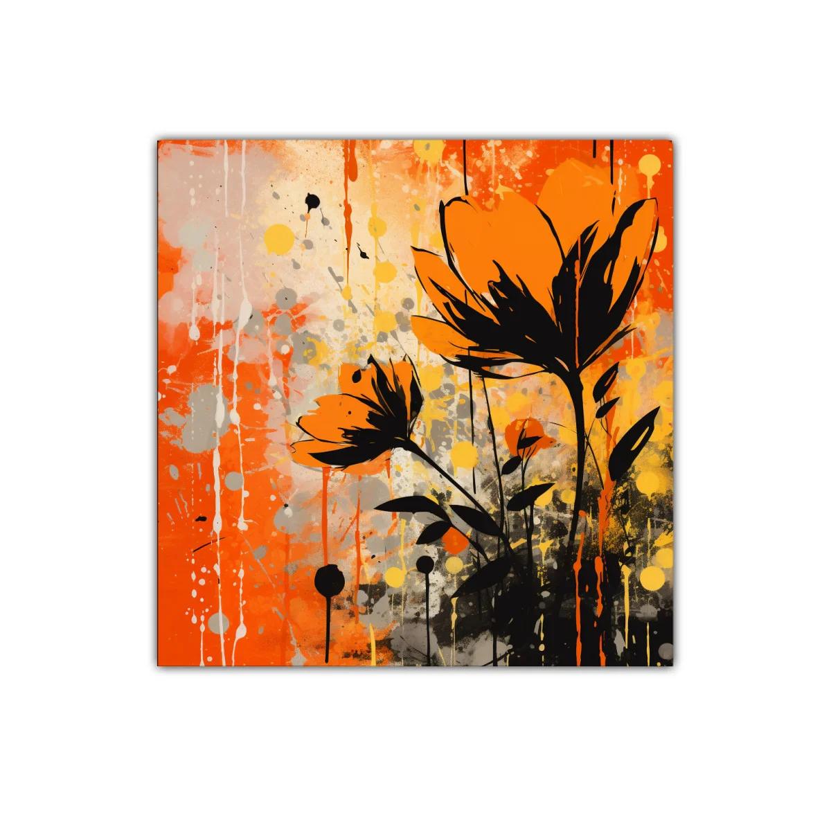 Cuadro floral con vibrante contraste en tonos naranja y negro — imagen principal
