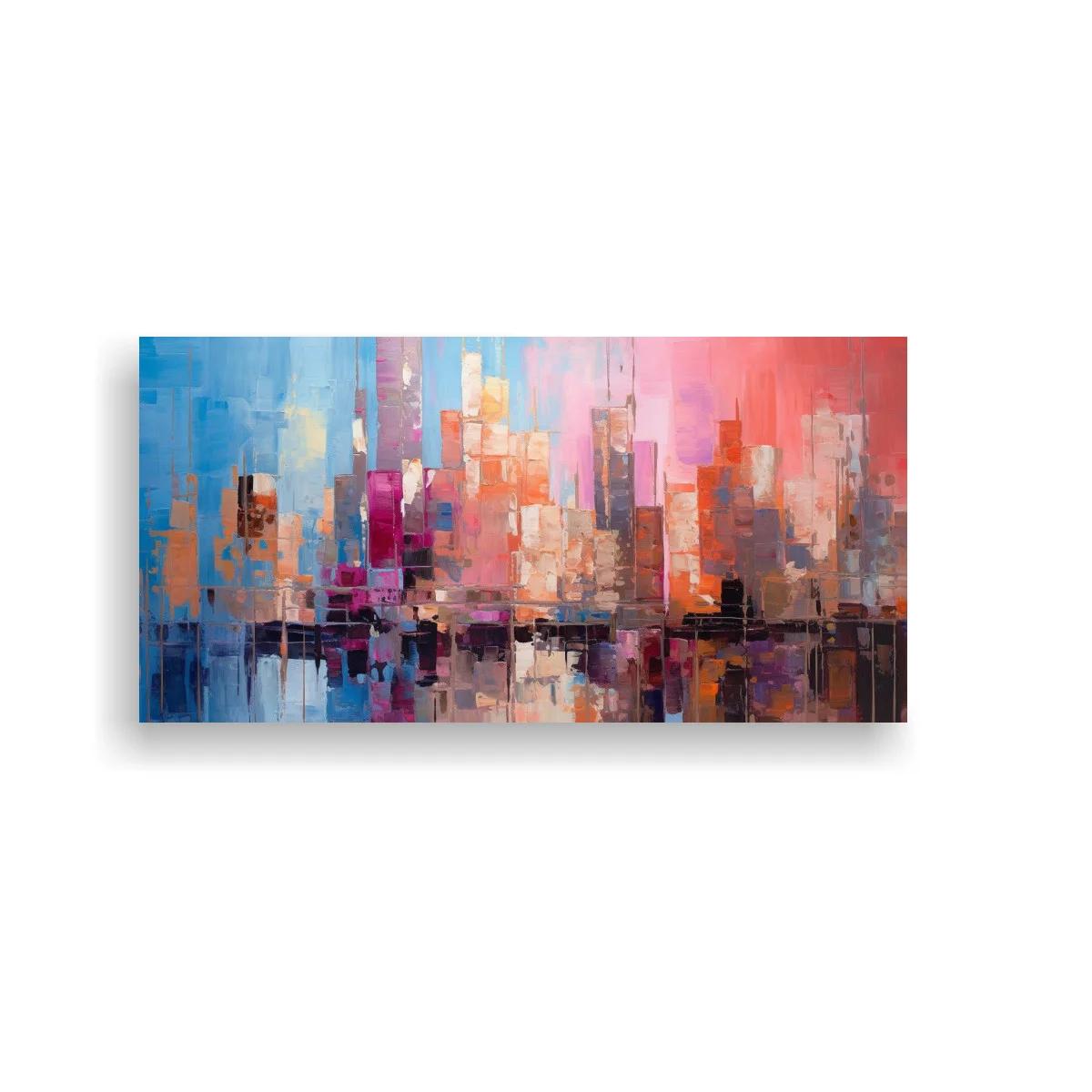 Cuadro skyline urbana abstracta en tonos lila y coral