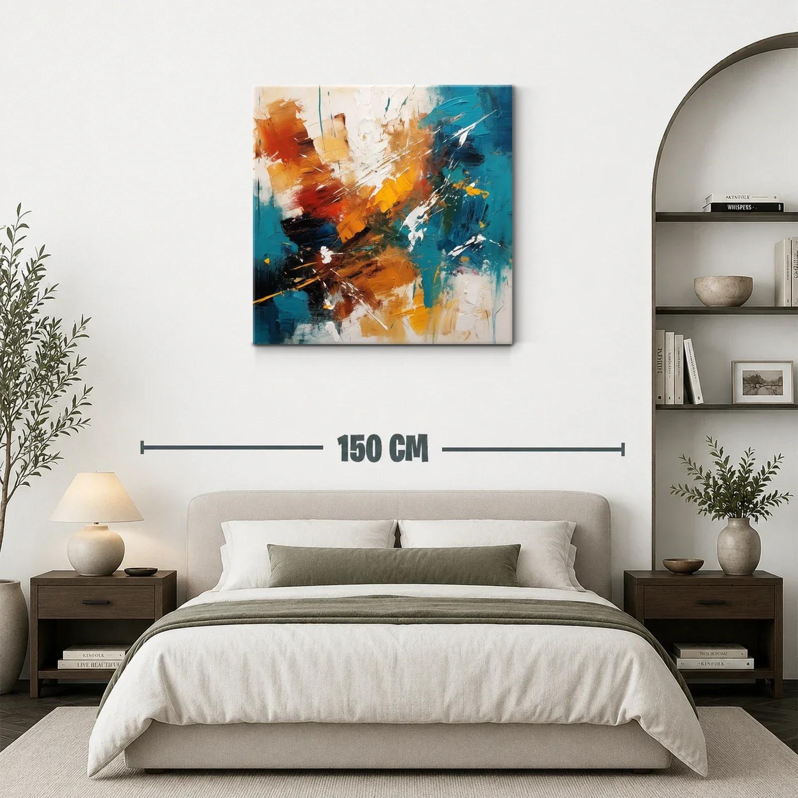 Cuadro abstracto con tonos cálidos y azul turquesa vibrante — miniatura 3