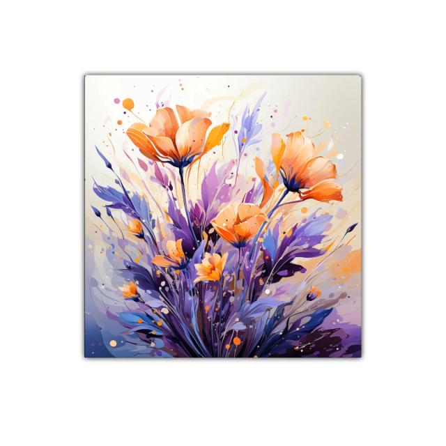 Cuadro moderno con flores en tonos naranja y púrpura