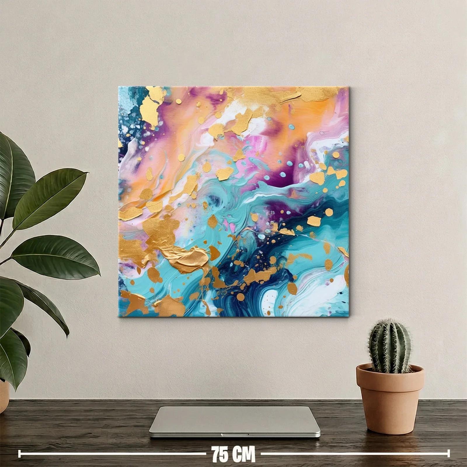 Cuadro abstracto con tonos dorados y vibrantes azules — miniatura 2