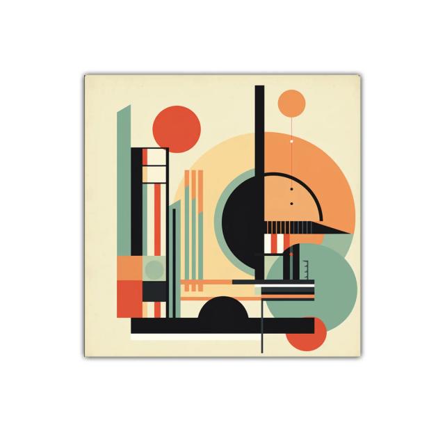 Composición geométrica con formas circulares y lineales en tonos cálidos