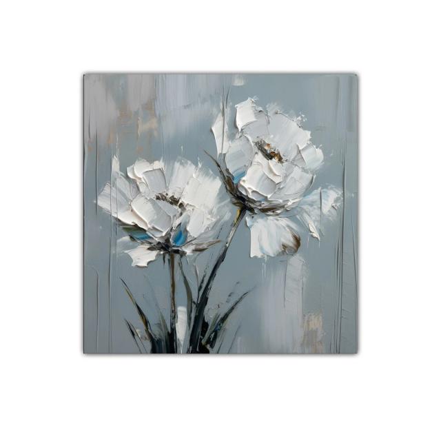 Cuadro moderno con flores blancas sobre fondo gris azulado