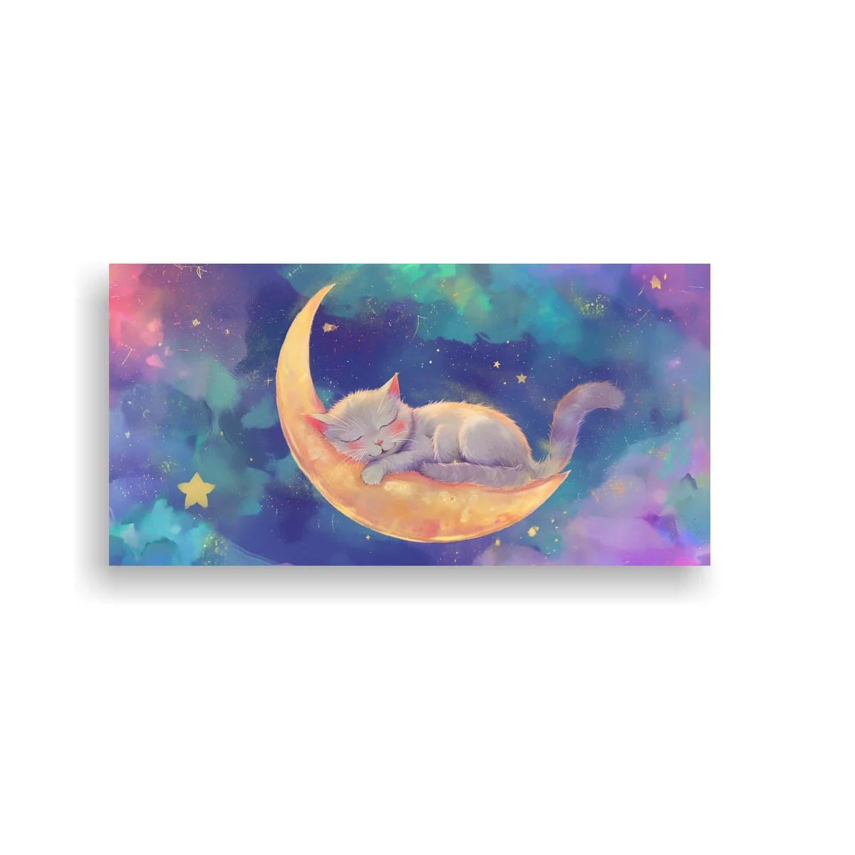 Cuadro gatito gris dormido sobre luna creciente dorada — imagen principal