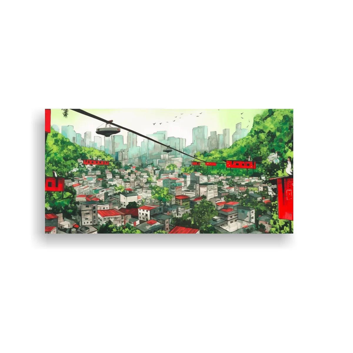 Cuadro paisaje urbano con teleféricos rojos