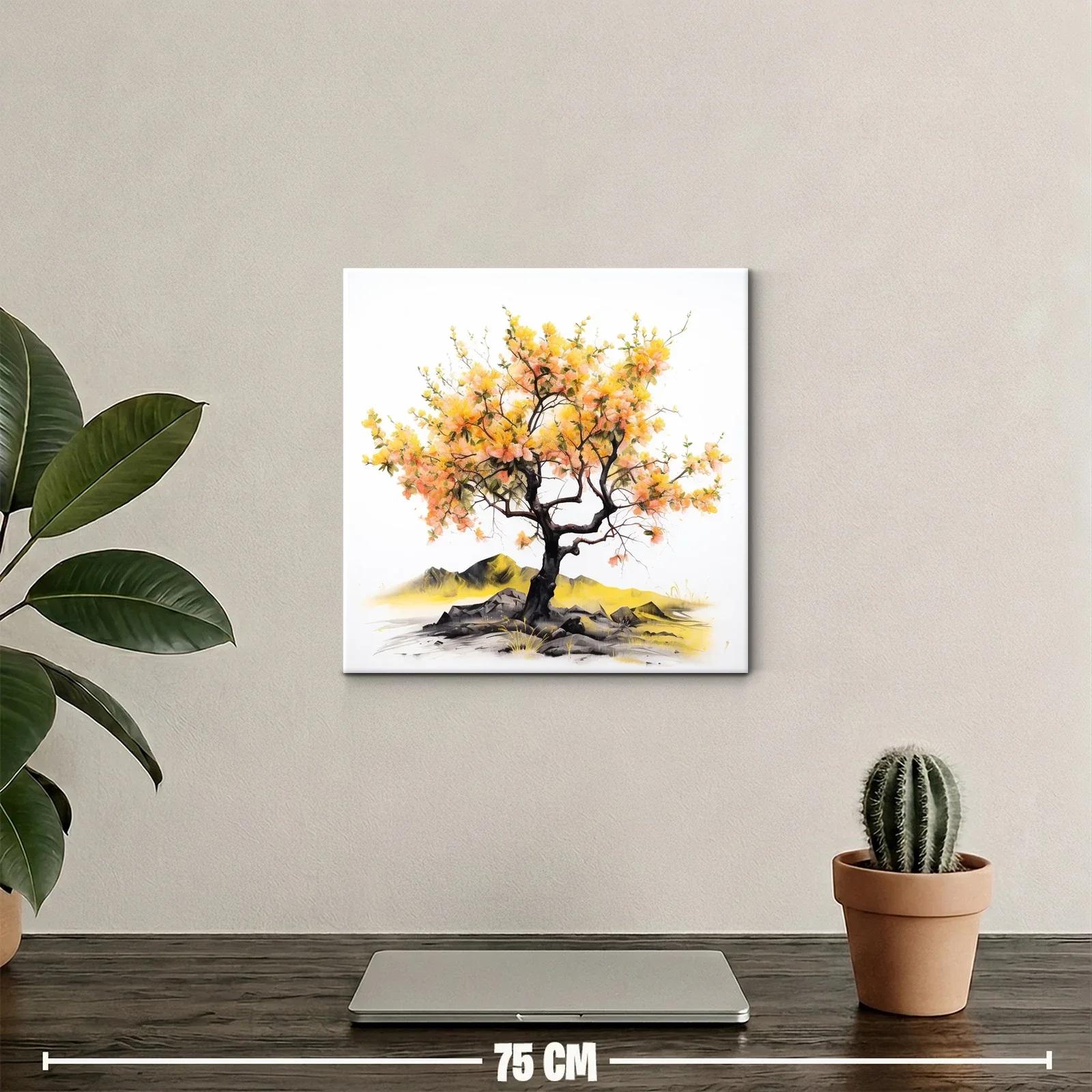 Arbol con flores amarillas y naranjas sobre rocas y paisaje — miniatura 2