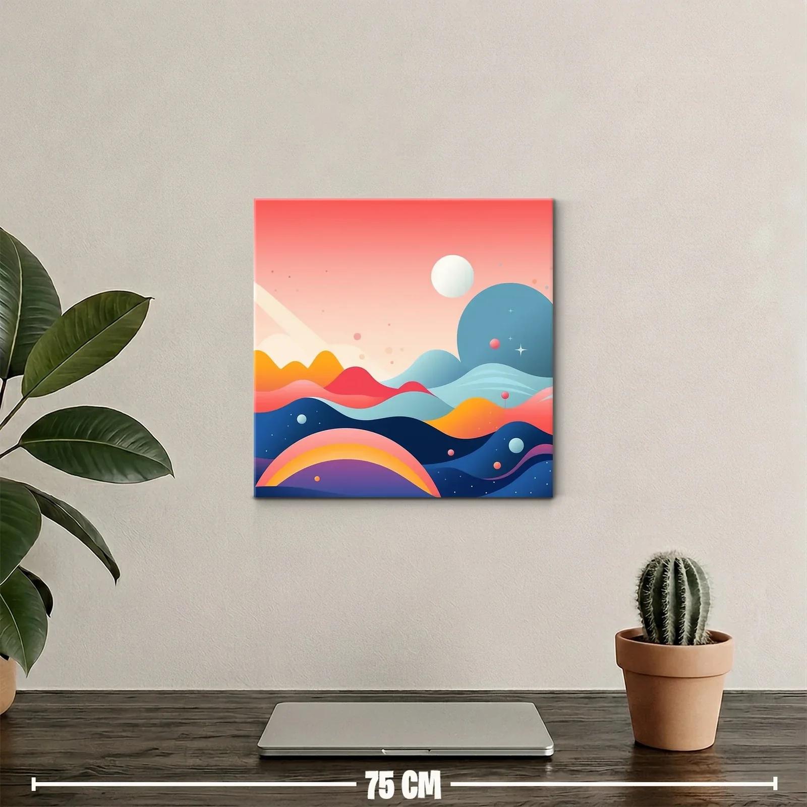 Cuadro abstracto con montañas y planetas en tonos vibrantes — miniatura 2