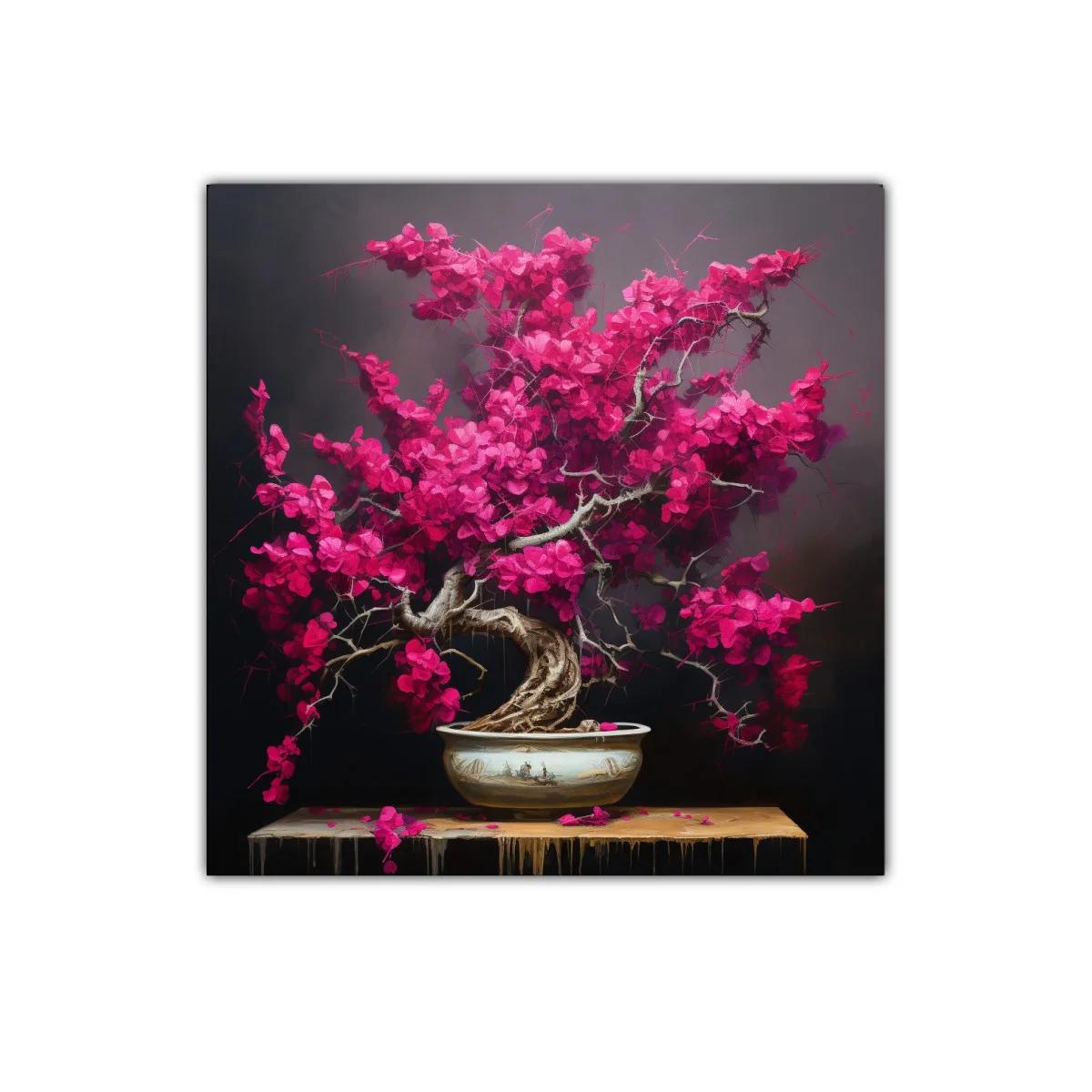 Bonsái con flores vibrantes en tonos fucsia y fondo oscuro