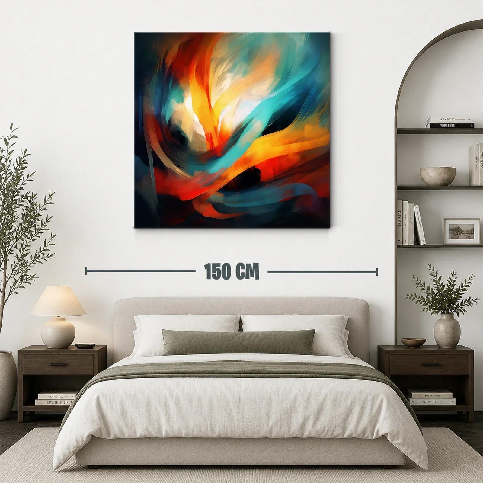Cuadro abstracto con vibrantes tonos cálidos y fríos en movimiento — miniatura 3