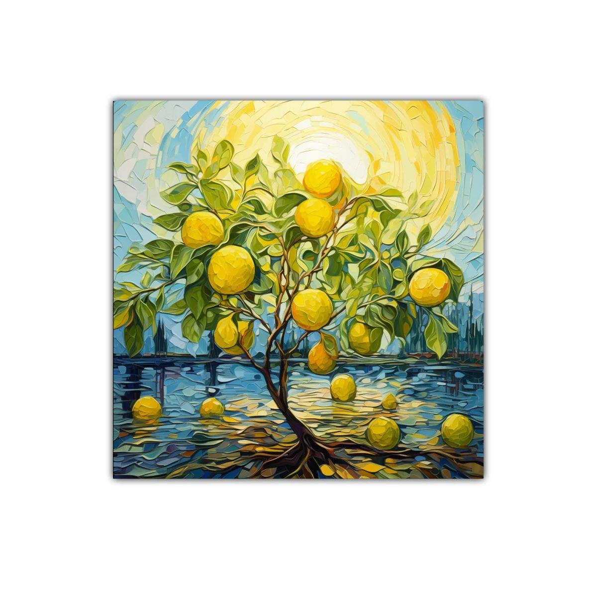 Cuadro decorativo con árbol de limones bajo sol radiante