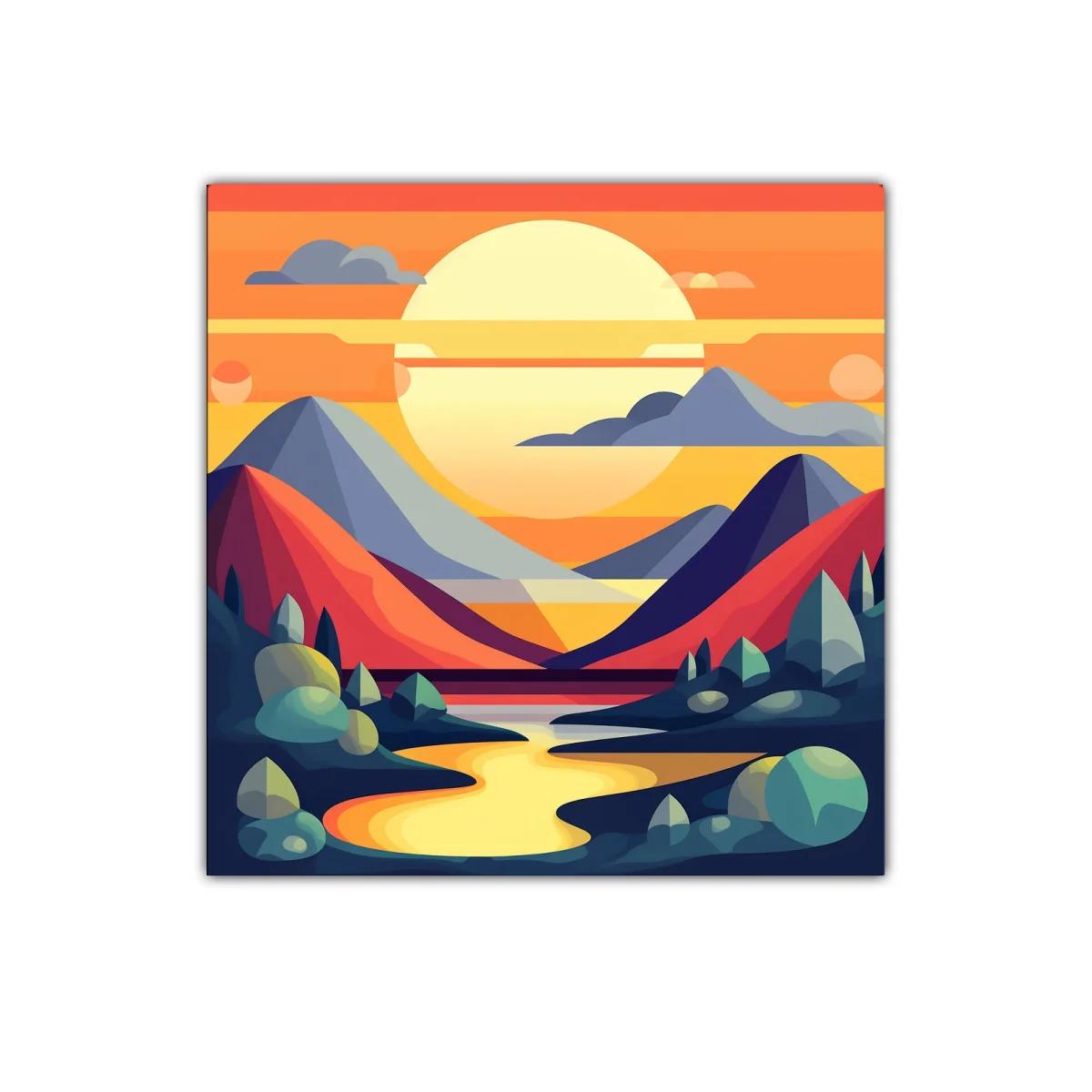 Paisaje abstracto con montañas y río al atardecer vibrante — imagen principal