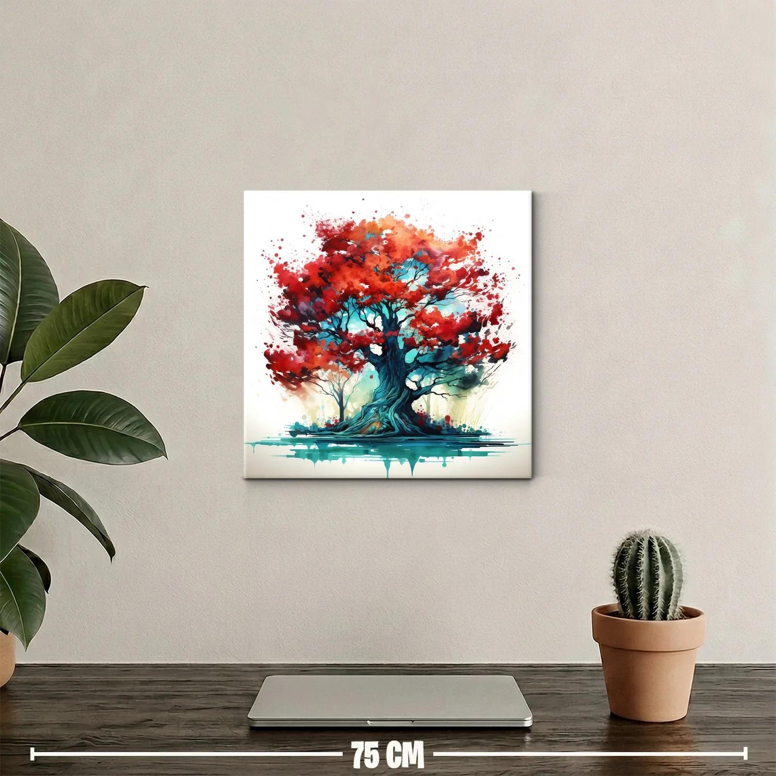 Impactante cuadro árbol con hojas rojas y tonos vibrantes — miniatura 2