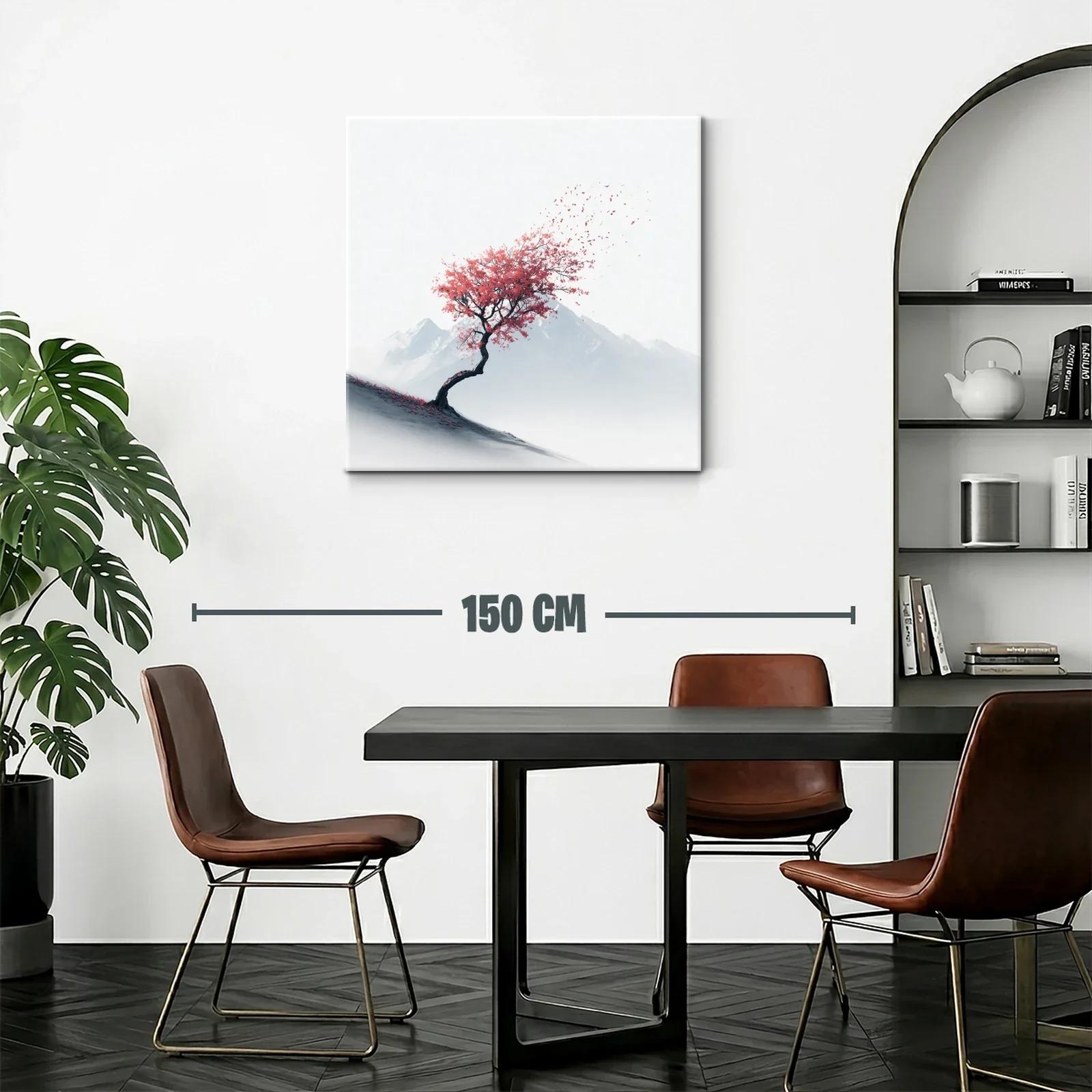 Árbol solitario con hojas rojas contra montañas — miniatura 2