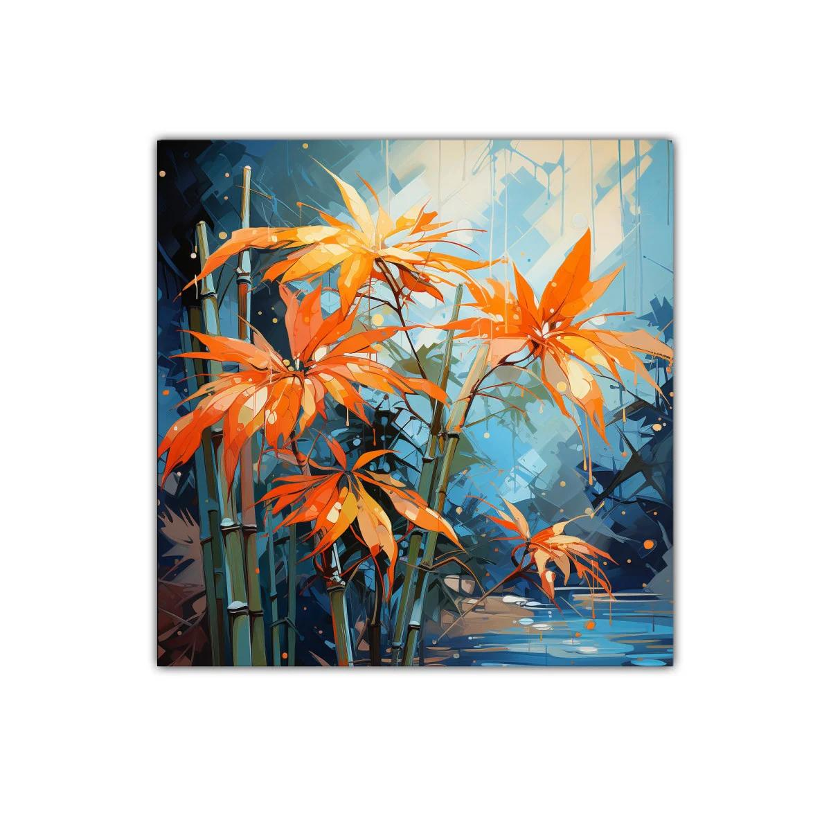 Flores Naranjas Vibrantes entre Bambú y Agua Serena — imagen principal