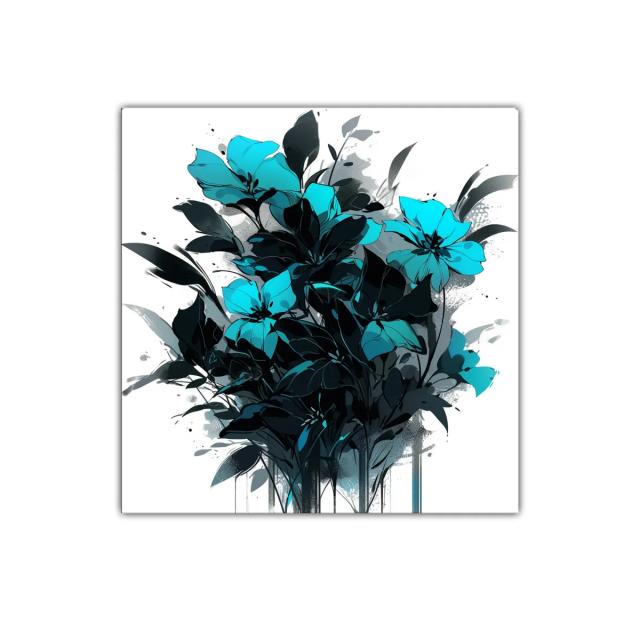 Cuadro con ramo de flores en tonos azul y negro