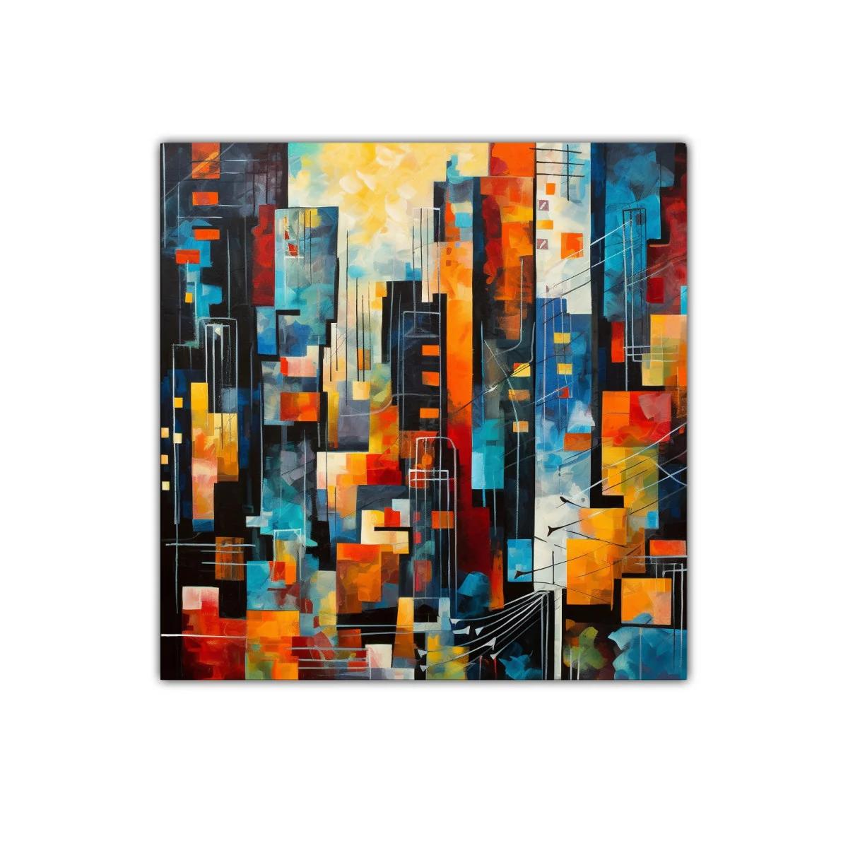 Cuadro abstracto con vibrante ciudad en tonos cálidos y fríos