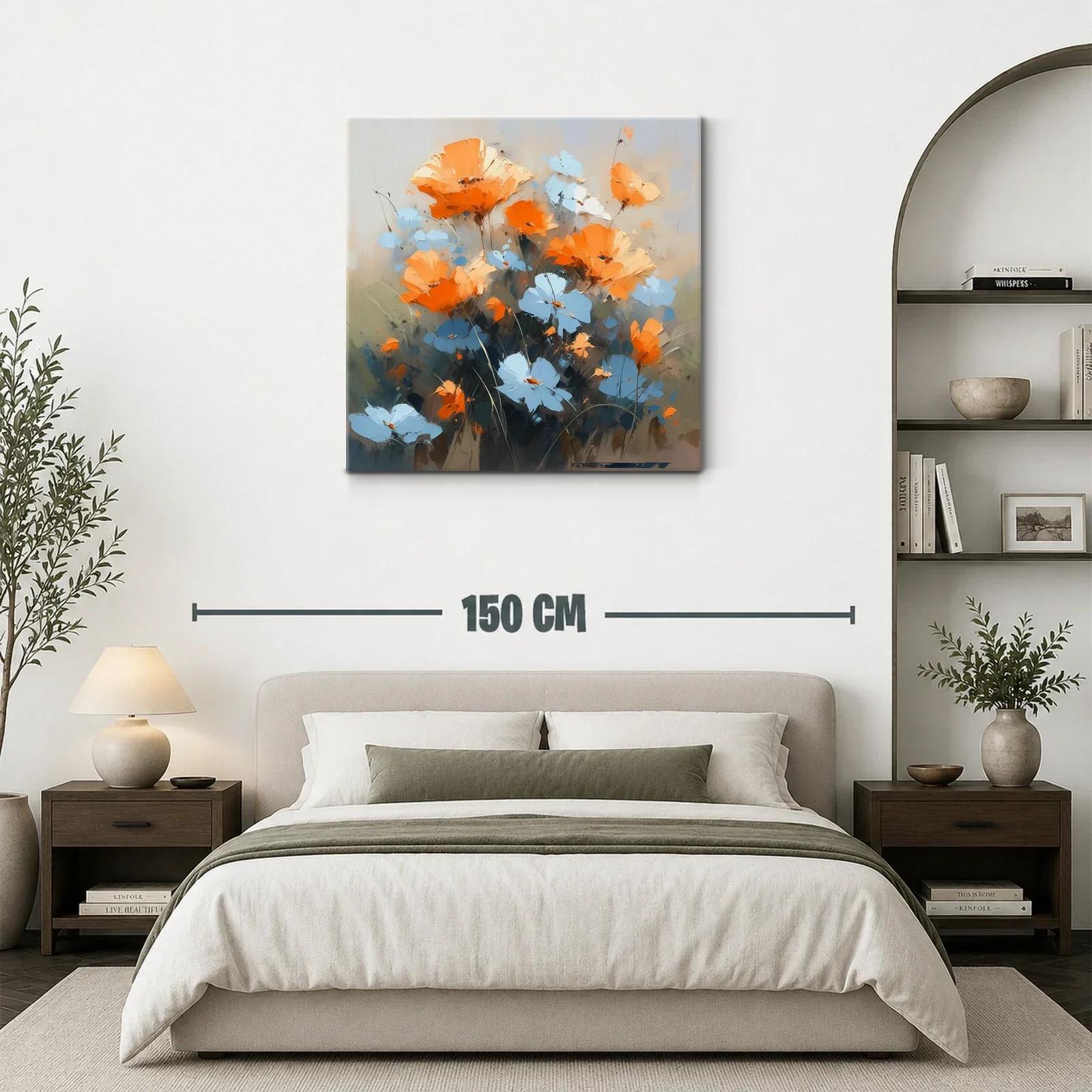 Cuadro moderno con flores naranjas y azules vibrantes — miniatura 3