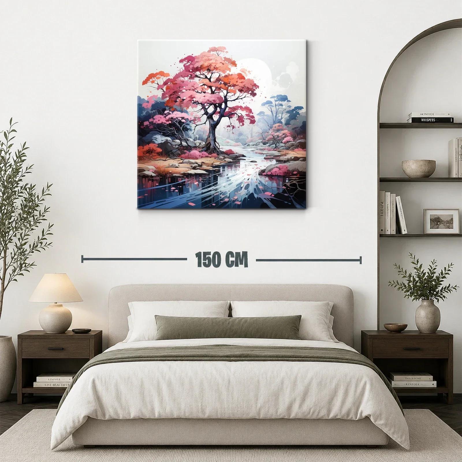 Paisaje sereno con árbol rosa junto a río reflejante — miniatura 3