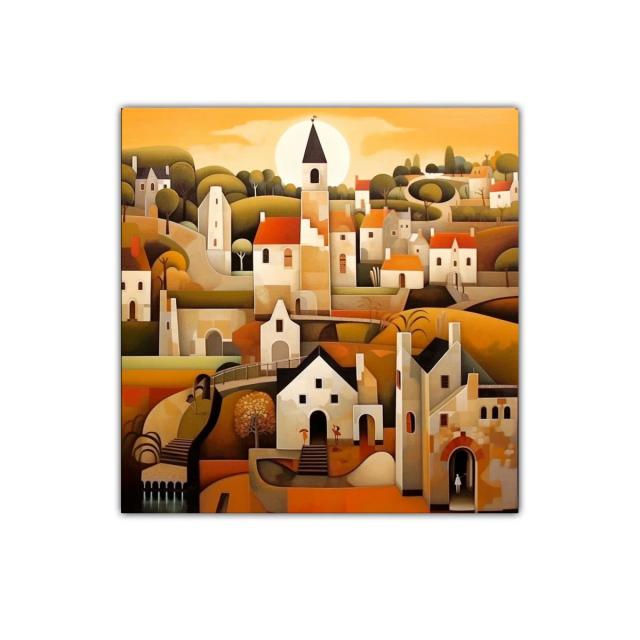 Paisaje urbano con casas y campanario al atardecer