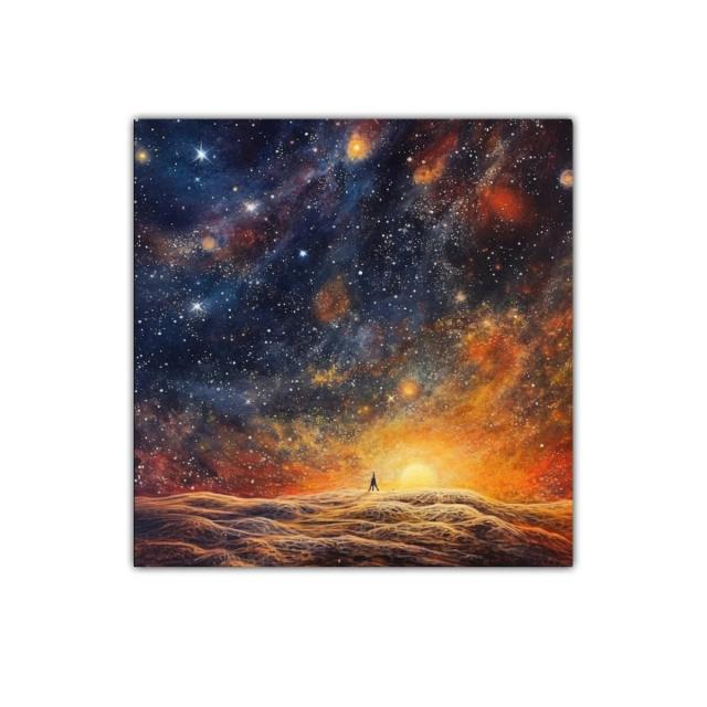 Atardecer cósmico con figura contemplativa