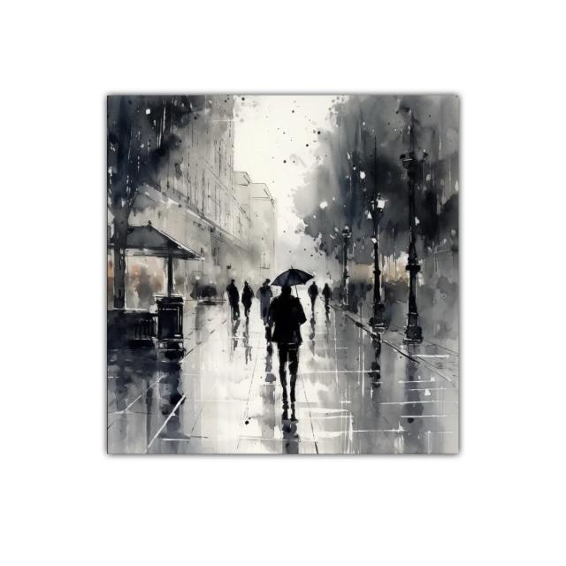 Escena urbana bajo lluvia con siluetas y paraguas