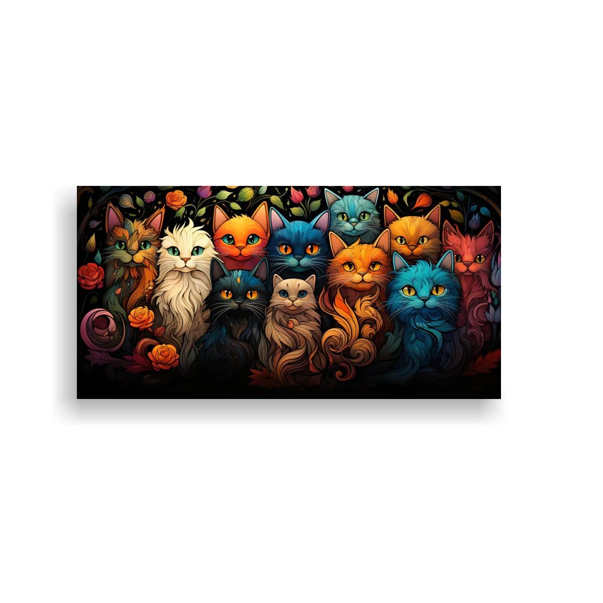 Cuadro grupo de gatos de colores con volutas decorativas