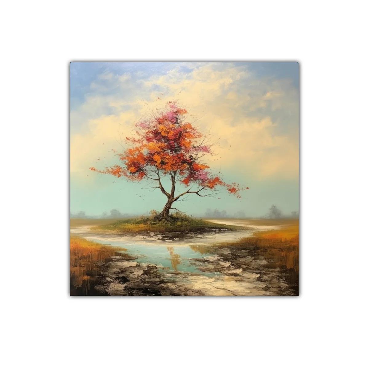 Árbol solitario con tonos otoñales y reflejos de agua