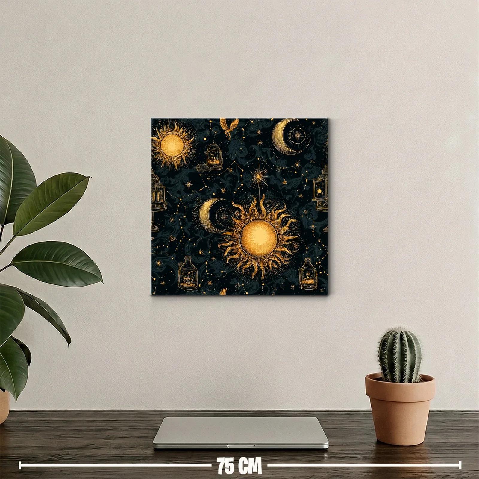 Cuadro celestial con sol y luna en tonos dorados y negros — miniatura 2