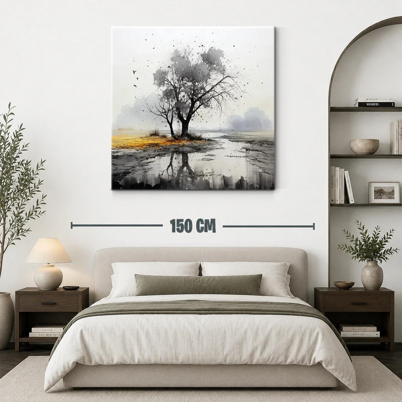 Paisaje sereno con árbol y reflejo en tonos neutros — miniatura 3