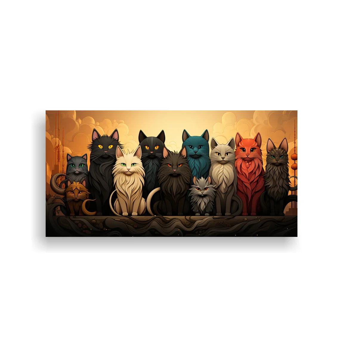 Cuadro grupo de gatos de colores en fila panorámica