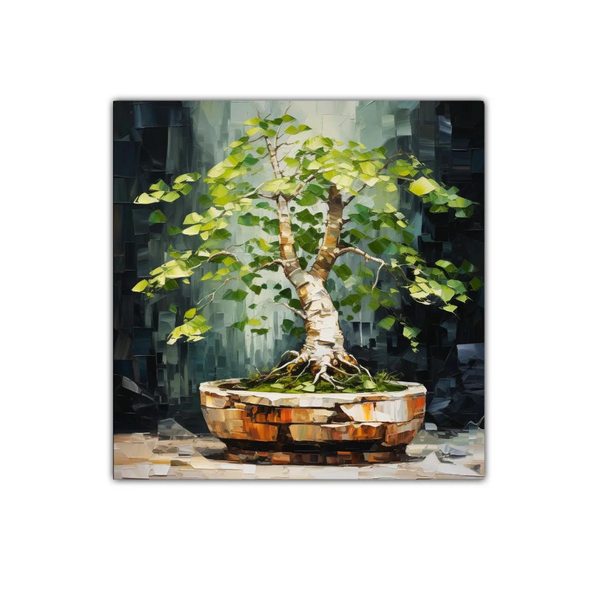 Cuadro árbol bonsái con vibrantes tonos verdes y marrones