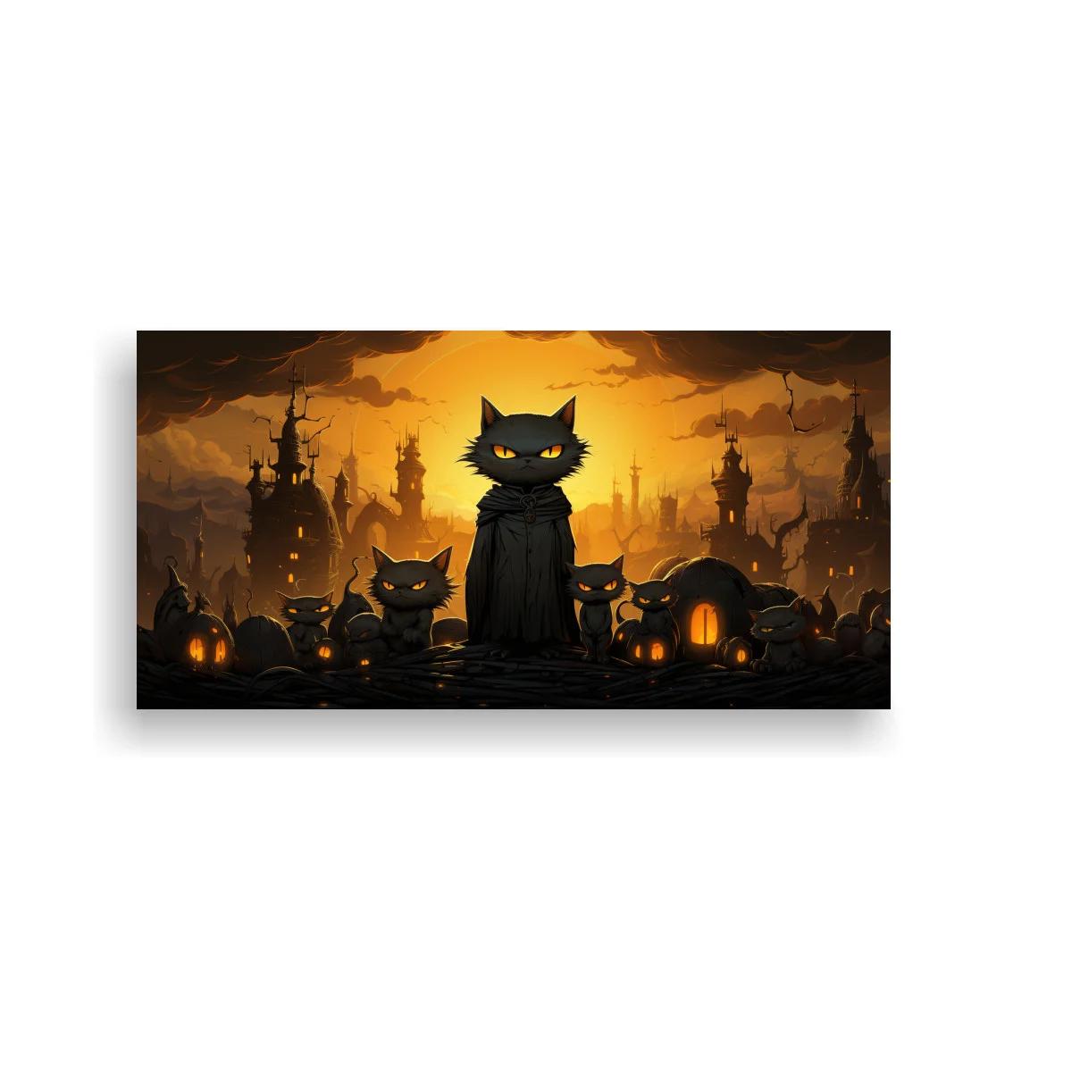 Cuadro gato negro de ojos amarillos con casitas iluminadas