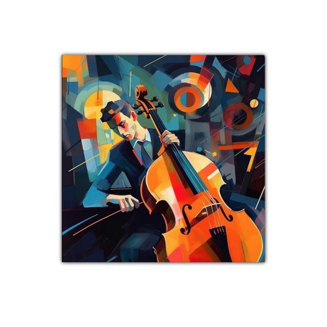 Músico tocando violonchelo con vibrante colorido abstracto