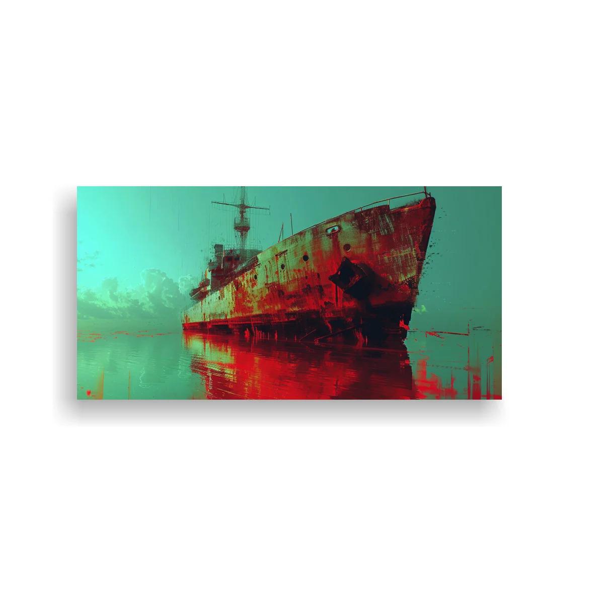 Cuadro barco oxidado con reflejo rojo en el agua