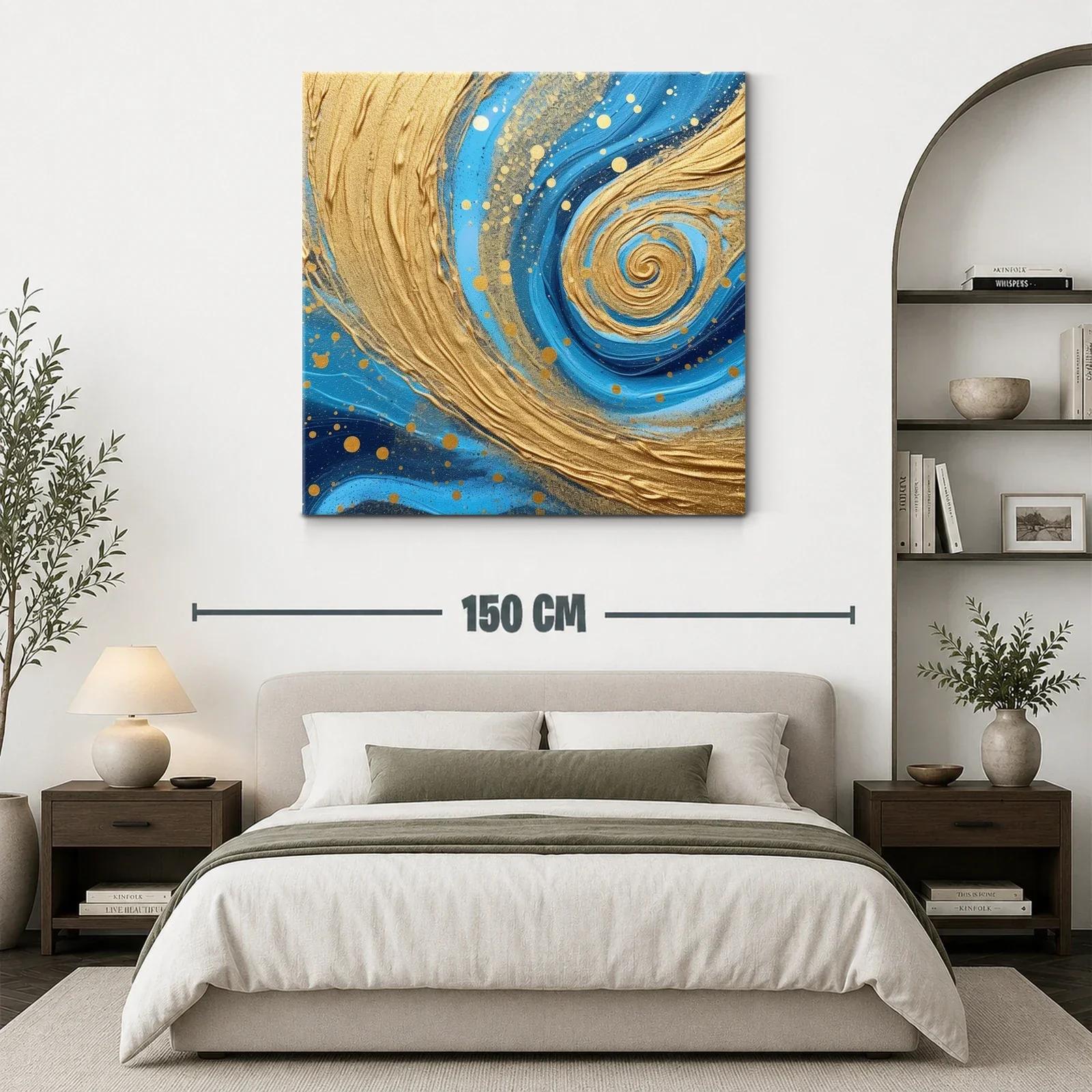 Cuadro abstracto con remolinos dorados y tonos azules — miniatura 3