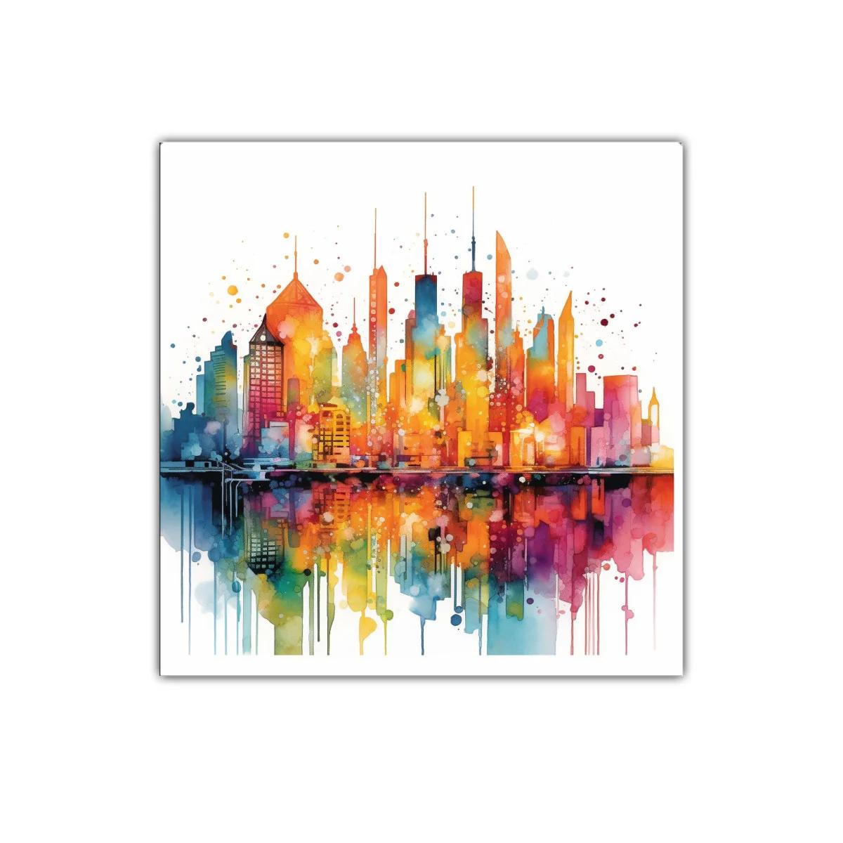 Cityscape vibrante en tonos cálidos y fríos reflejados