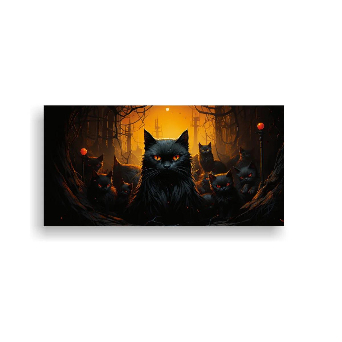 Cuadro gato negro de ojos brillantes con contraluz cálido — imagen principal