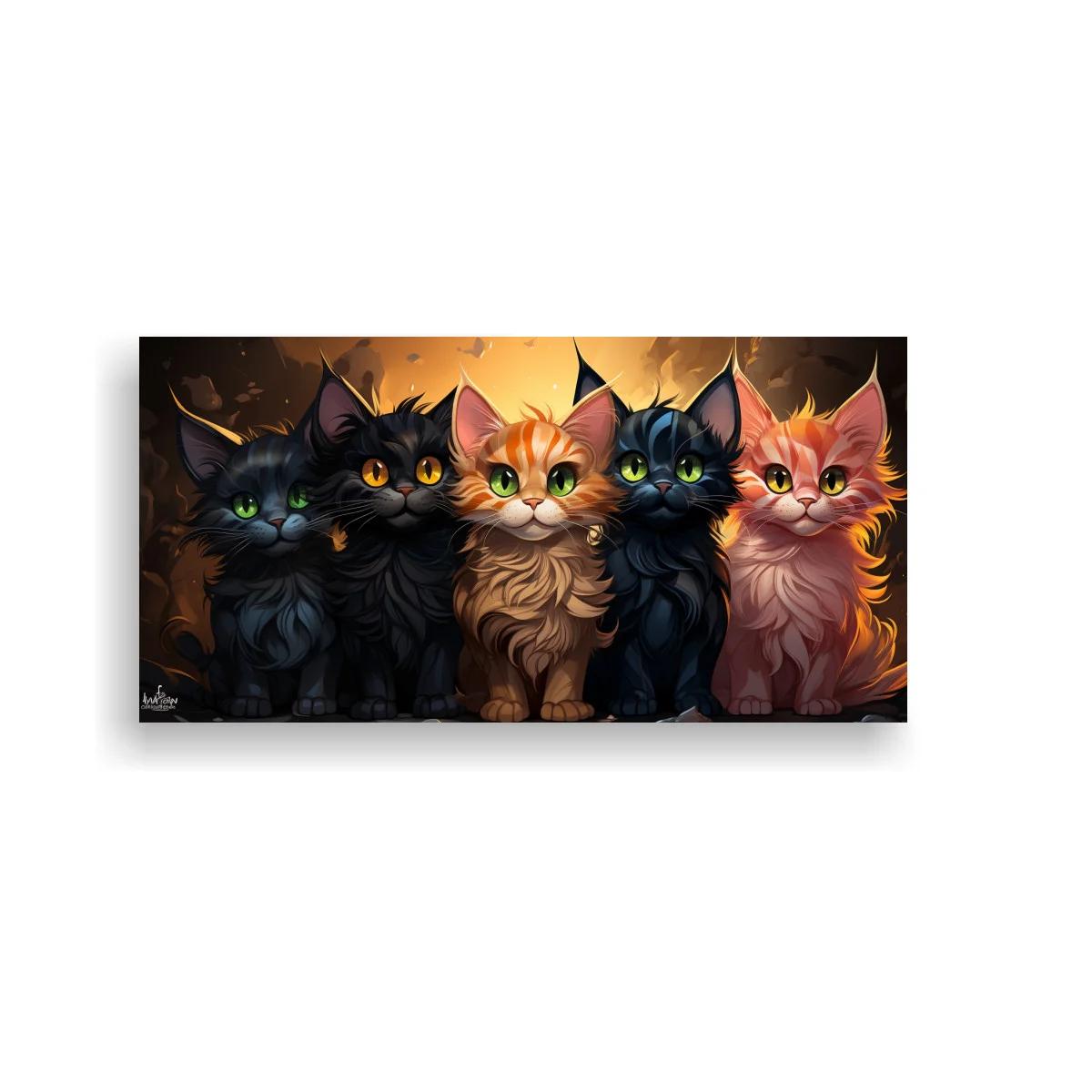 Cuadro cinco gatos de ojos grandes con contraste cálido