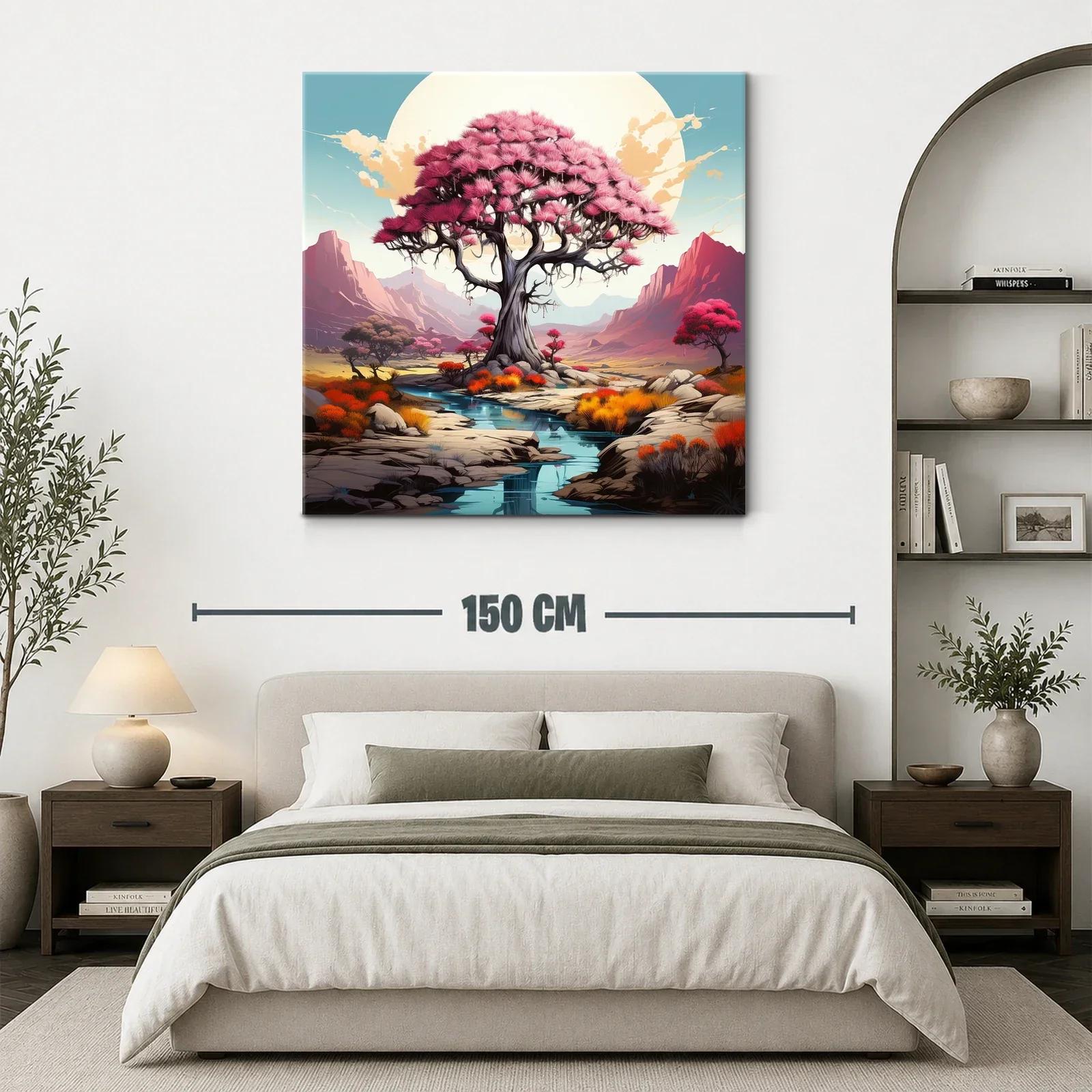 Árbol rosa en paisaje sereno con montañas al fondo — miniatura 3
