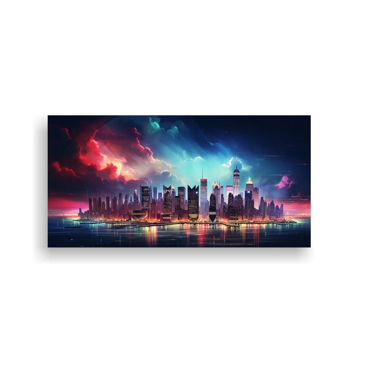 Cuadro skyline futurista con cielo tormentoso y reflejos en el agua