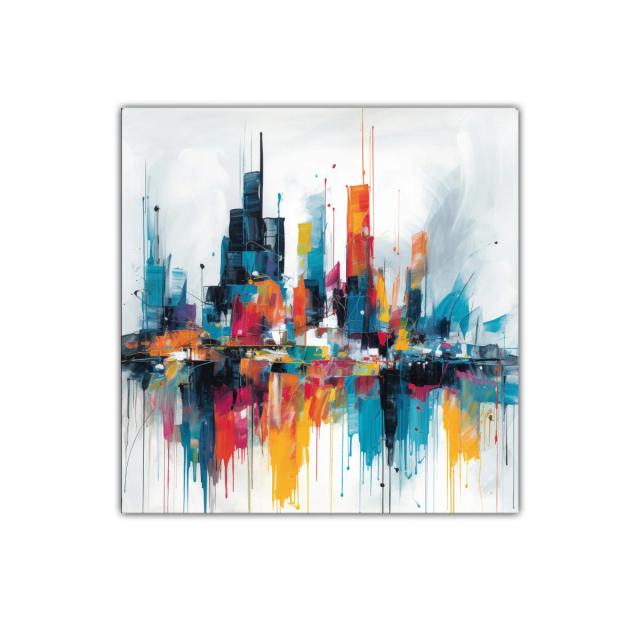 Ciudad vibrante en colores intensos y reflejos dinámicos