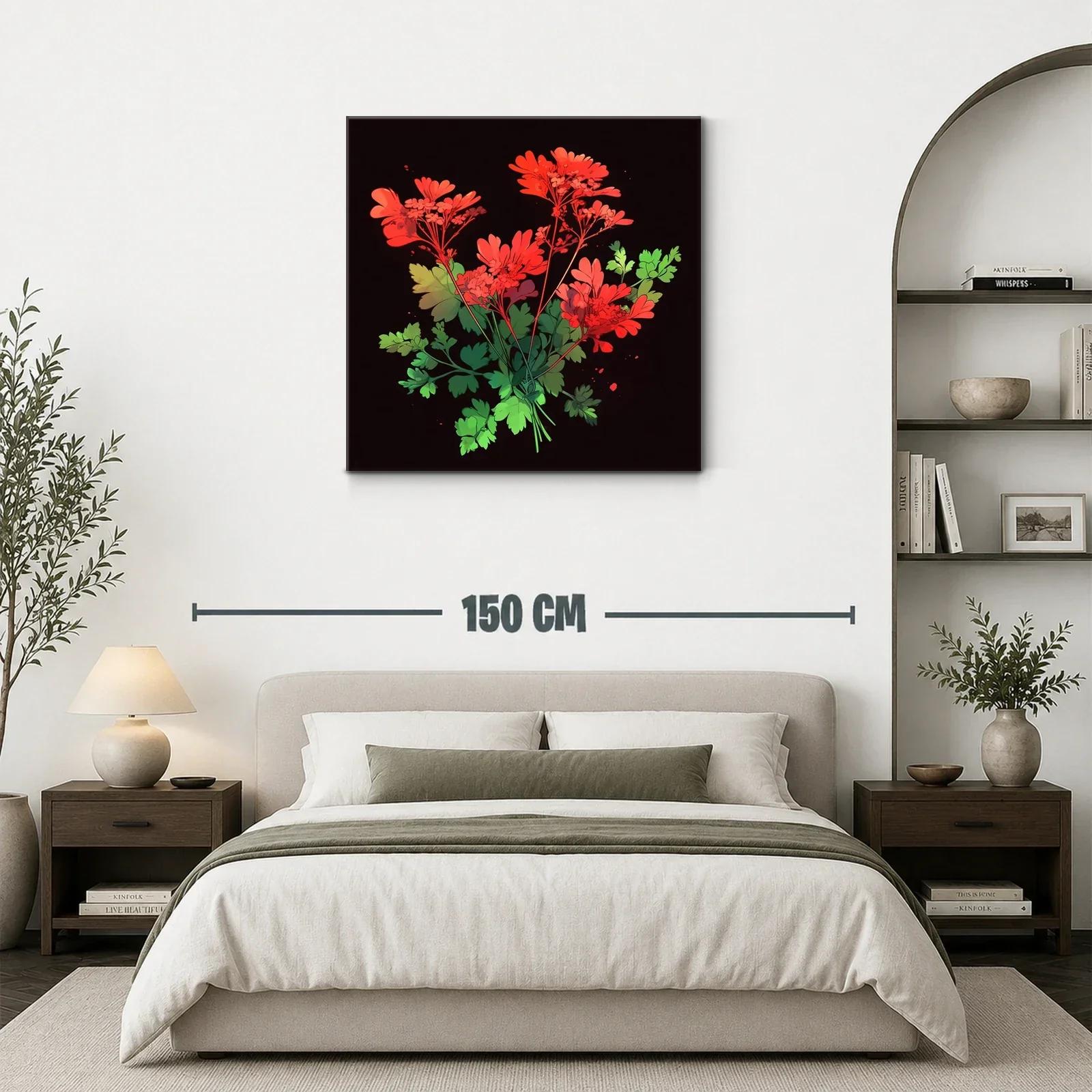 Ramo vibrante de flores rojas y hojas verdes sobre fondo oscuro — miniatura 3