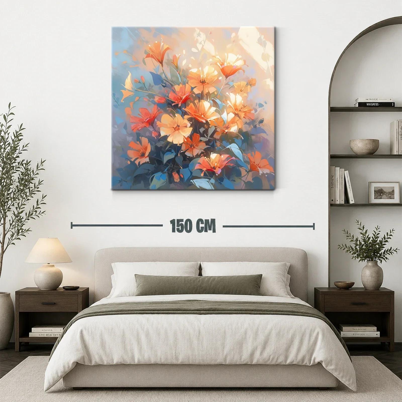 Cuadro con ramo de flores en tonos cálidos y azulados — miniatura 3