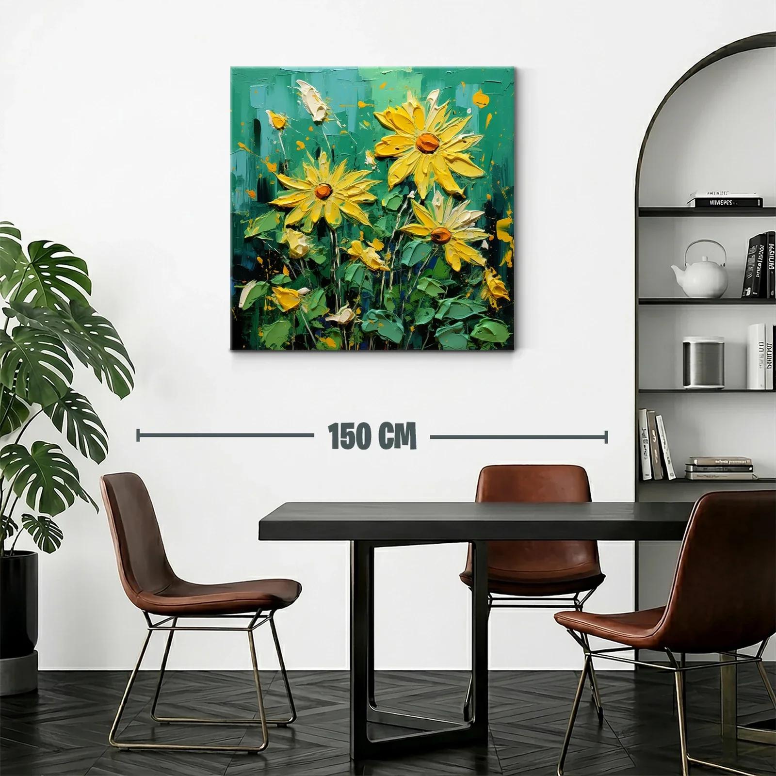 Cuadro vibrante con flores amarillas sobre fondo verde intenso — miniatura 2